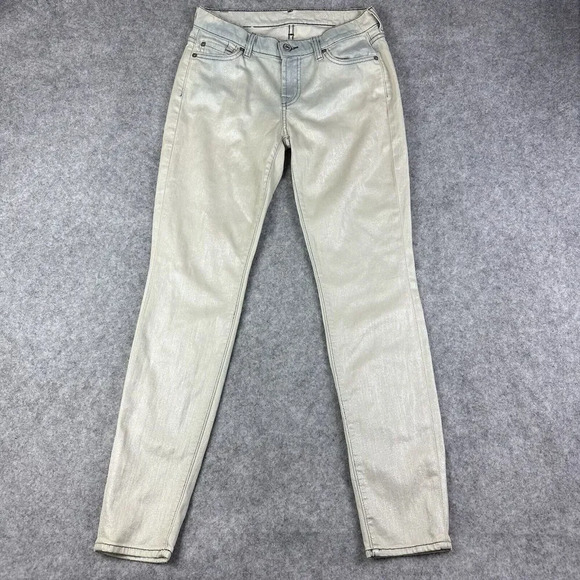 7 Seven For All Mankind 7FAM Jeans Womens 26 Beige Blue Metallic Coated Skinny* - Picture 1 of 16